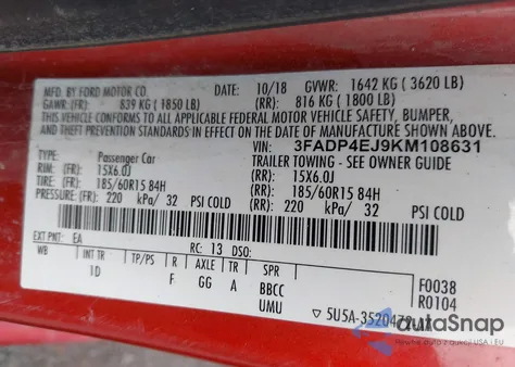 2019 Ford Fiesta Se z USA, uszkodzony, nr VIN 3FADP4EJ9KM108631